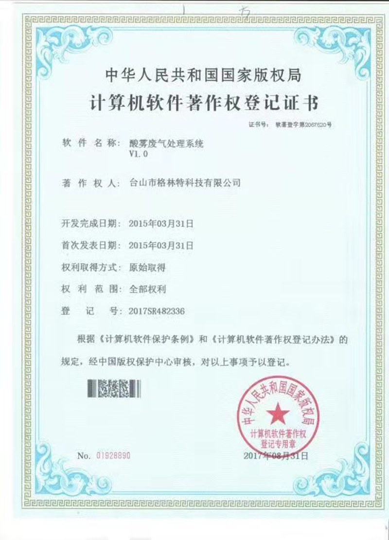 Patent Certificate for Acid Mist Waste Gas Treatment System