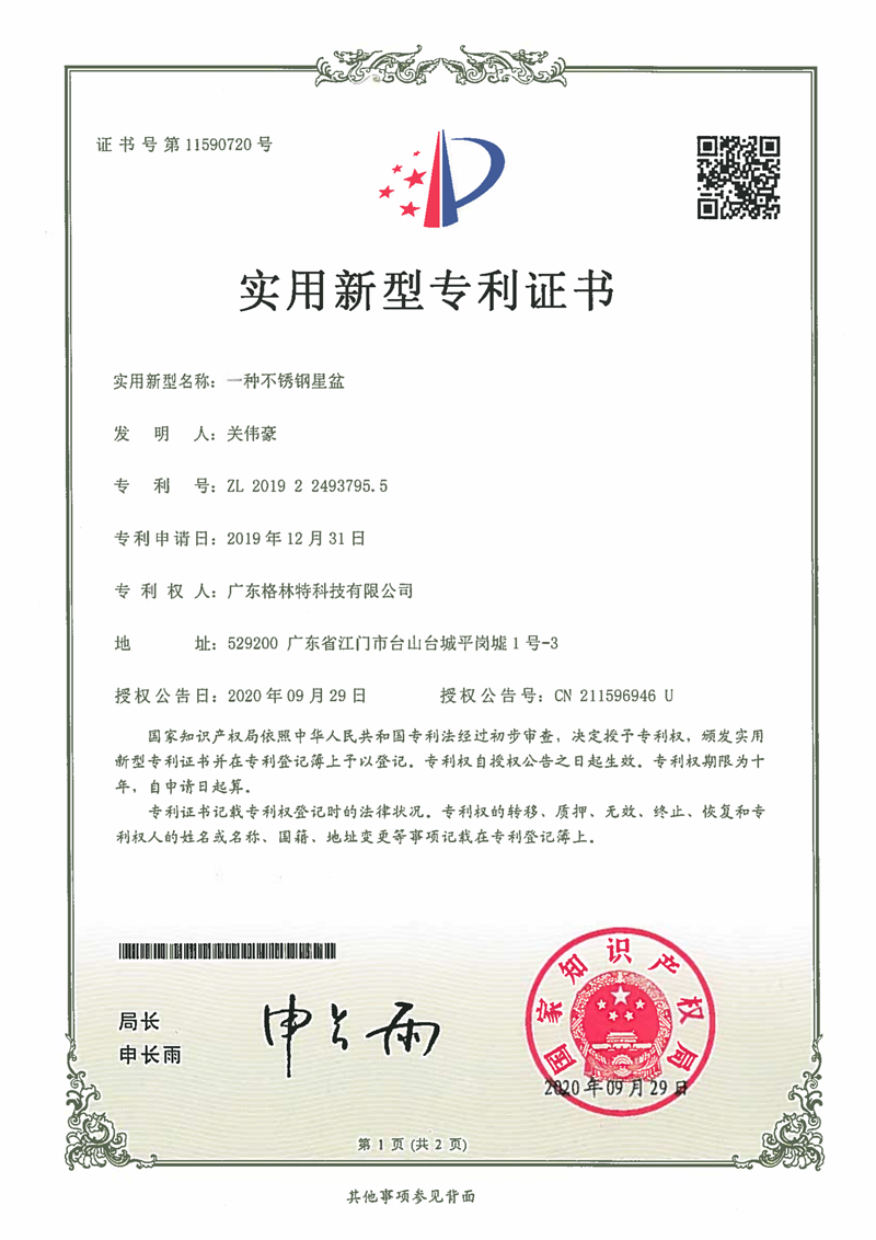 Patent Certificate for a Stainless Steel Star Disk